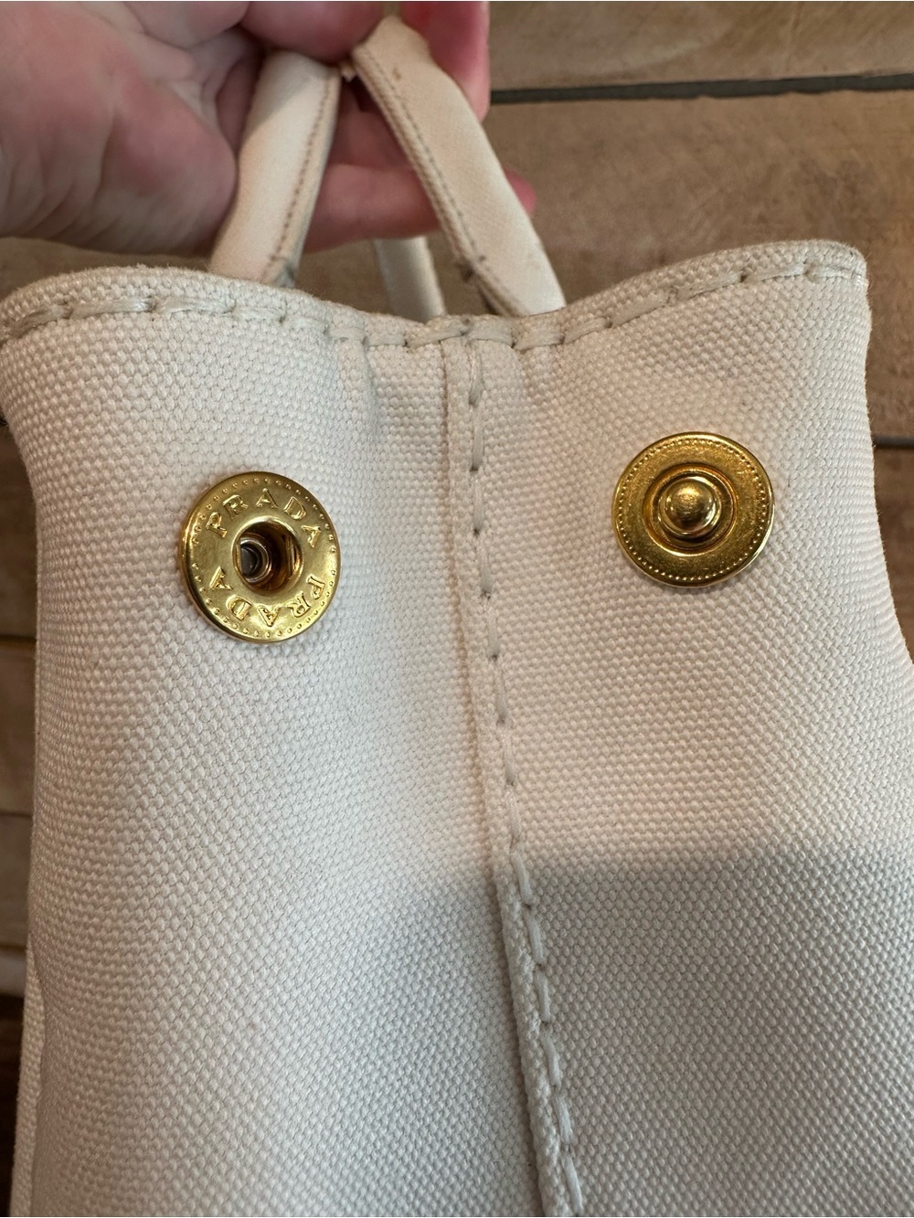 Authentic Prada Canapa Small Tote in ivory/cream canvas w/ gold hardware & strap - Picture 3 of 16